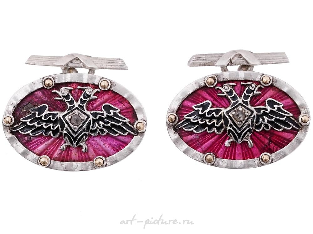 Русское серебро , Серебряные манжетные пуговицы с русским орлом, рубинами и эмалью