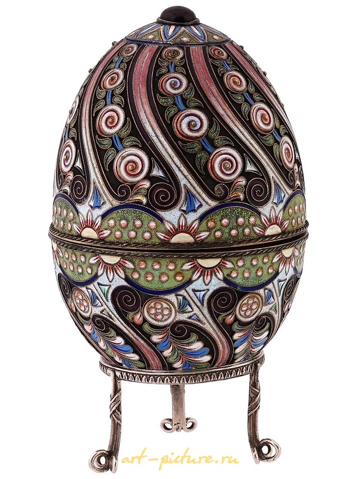 Русское серебро , Русская серебряная яйцевидная шкатулка с эмалью в технике клоизонне