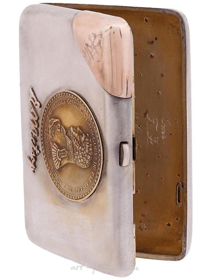 Russian silver , RUSSIAN SILVER AND GOLD CIGARETTE CASE WITH MEDAL