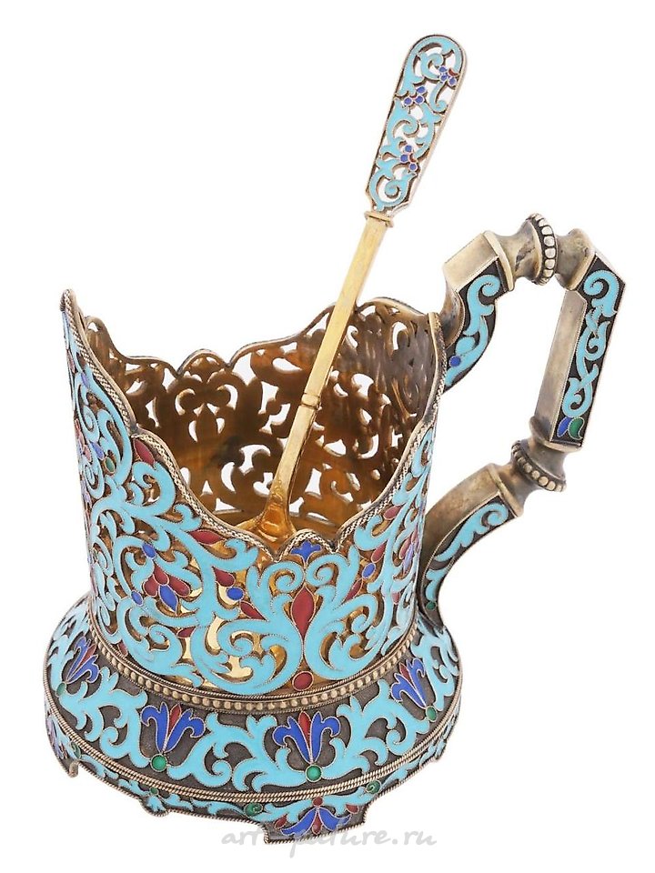 Russian silver , RUSSIAN SILVER ENAMEL TEA GLASS HOLDER WITH SPOON