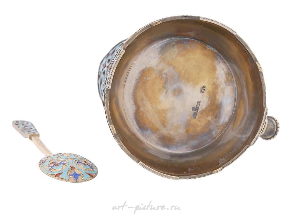 Russian silver , RUSSIAN SILVER ENAMEL TEA GLASS HOLDER WITH SPOON