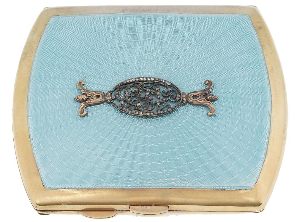 Русское серебро , Русский золоченый серебряный эмалированный алмазный сигаретный футляр