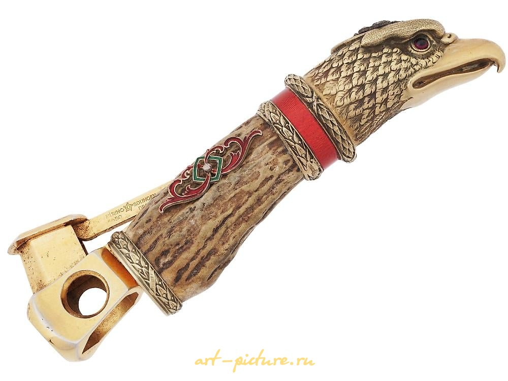 Русское серебро , Русский серебряный золоченый с эмалью и бриллиантами секач для сигар
