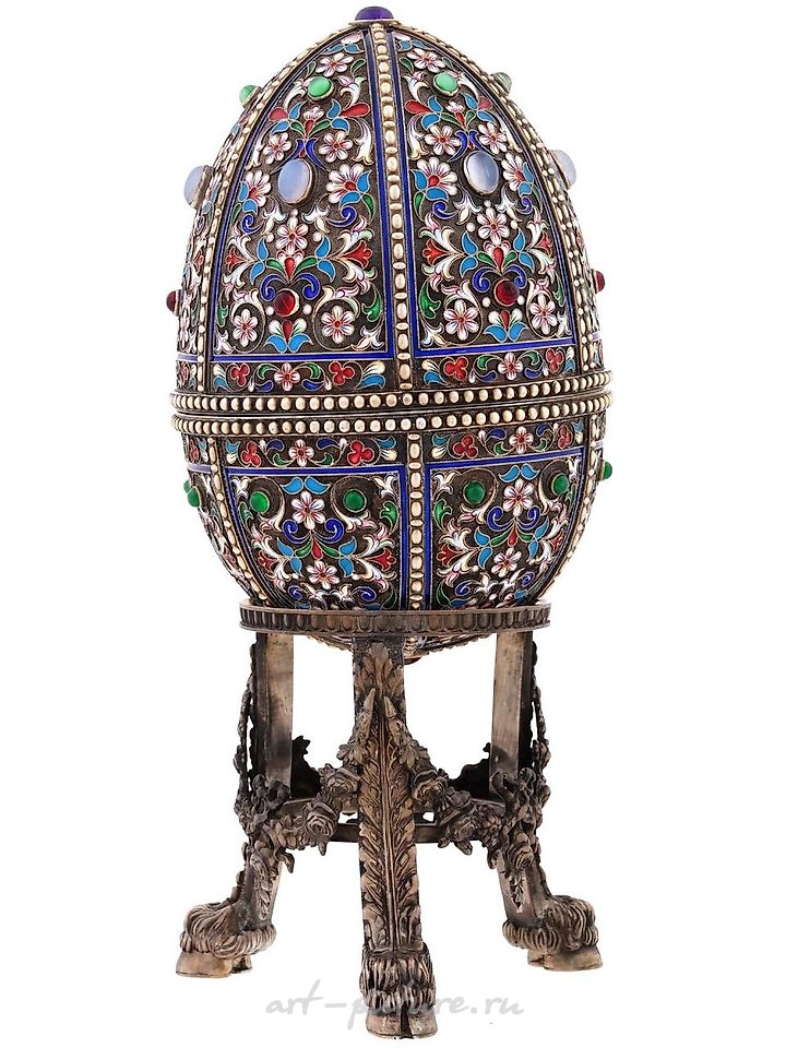 Русское серебро , Серебряный яйцевидный футляр с позолотой и эмалью, маркированный "88"