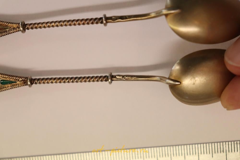 Russian silver , Karl Faberge pair of silver gilded tea spoons with unique tr...