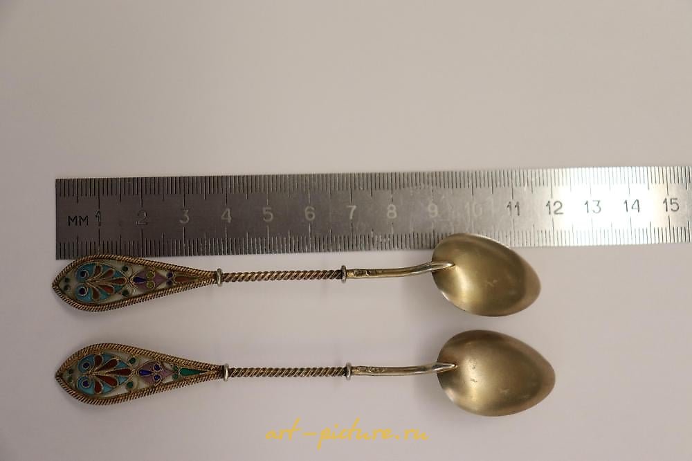 Russian silver , Karl Faberge pair of silver gilded tea spoons with unique tr...
