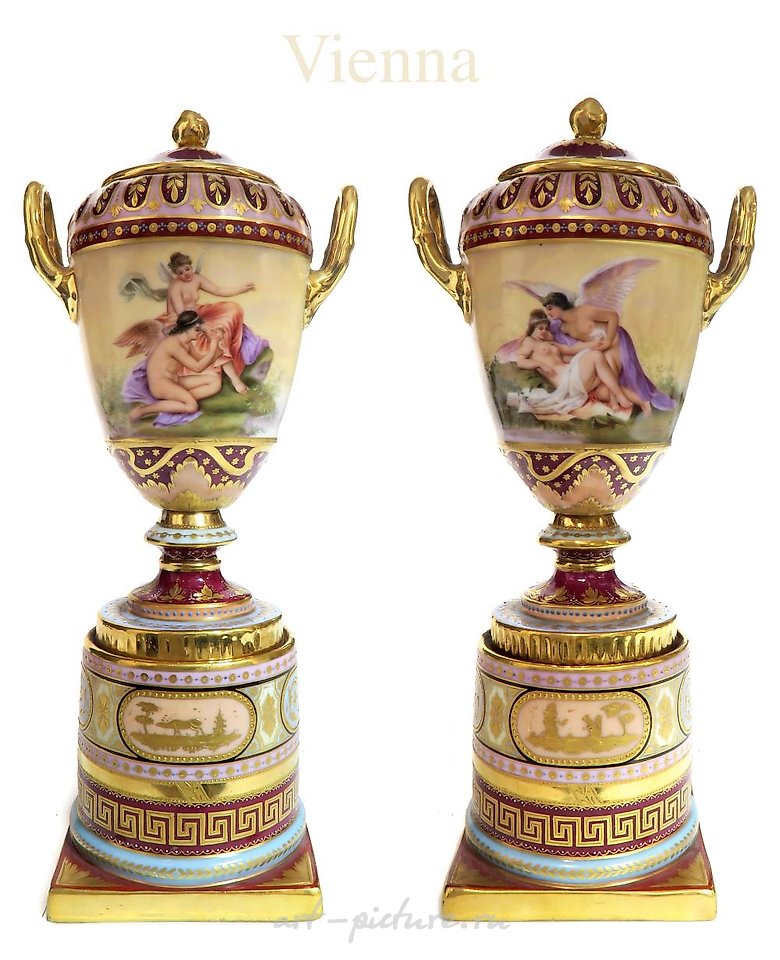 Royal Vienna Porcelain , 19TH C. PAIR OF HAND PAINTED ROYAL VIENNA URNS/VASES