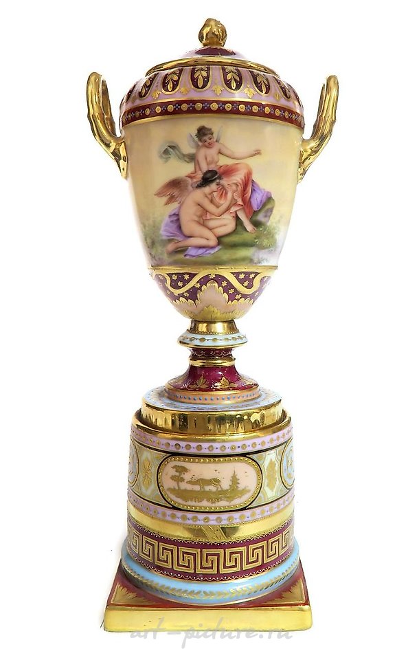 Royal Vienna Porcelain , 19TH C. PAIR OF HAND PAINTED ROYAL VIENNA URNS/VASES