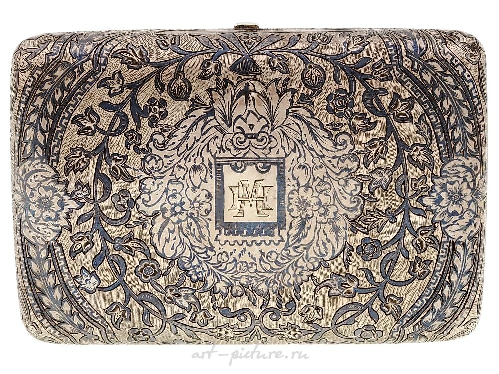 Русское серебро , Антикварный русский серебряный с золочением ниелло сигаретный кейс