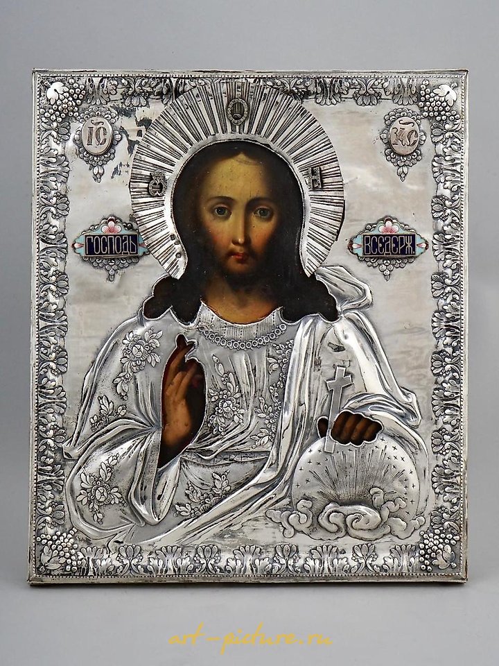 Russian silver , A RUSSIAN ICON OF CHRIST PANTOKRATOR IN SILVER OKLAD, 1833