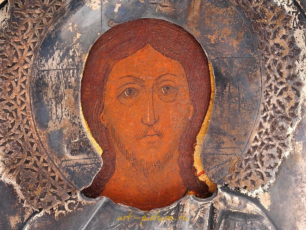 俄罗斯银 , 古董俄罗斯东正教基督像，带有银边框。