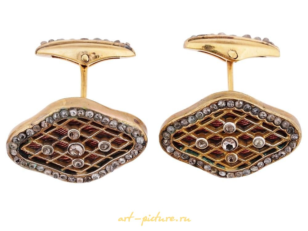 俄罗斯银 , 俄罗斯男士银质镶金、珐琅和钻石袖扣，附带盒子。