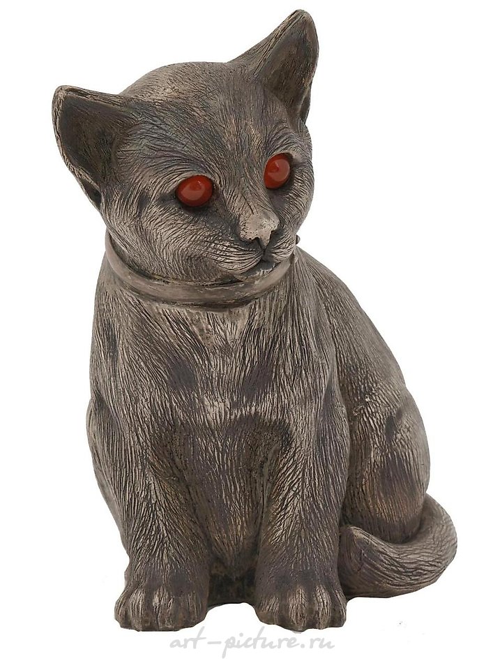 Русское серебро , Русская серебряная фигурка кошки с вырезанными узорами - копилка