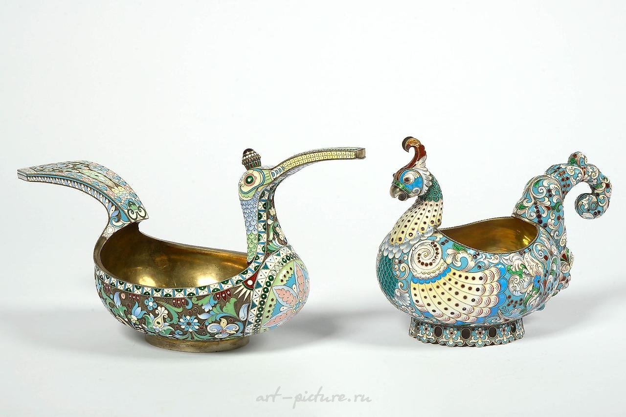 Russian silver , Lot of two zoomorphic kovshes in 84 and 88 zolotnik silver and...