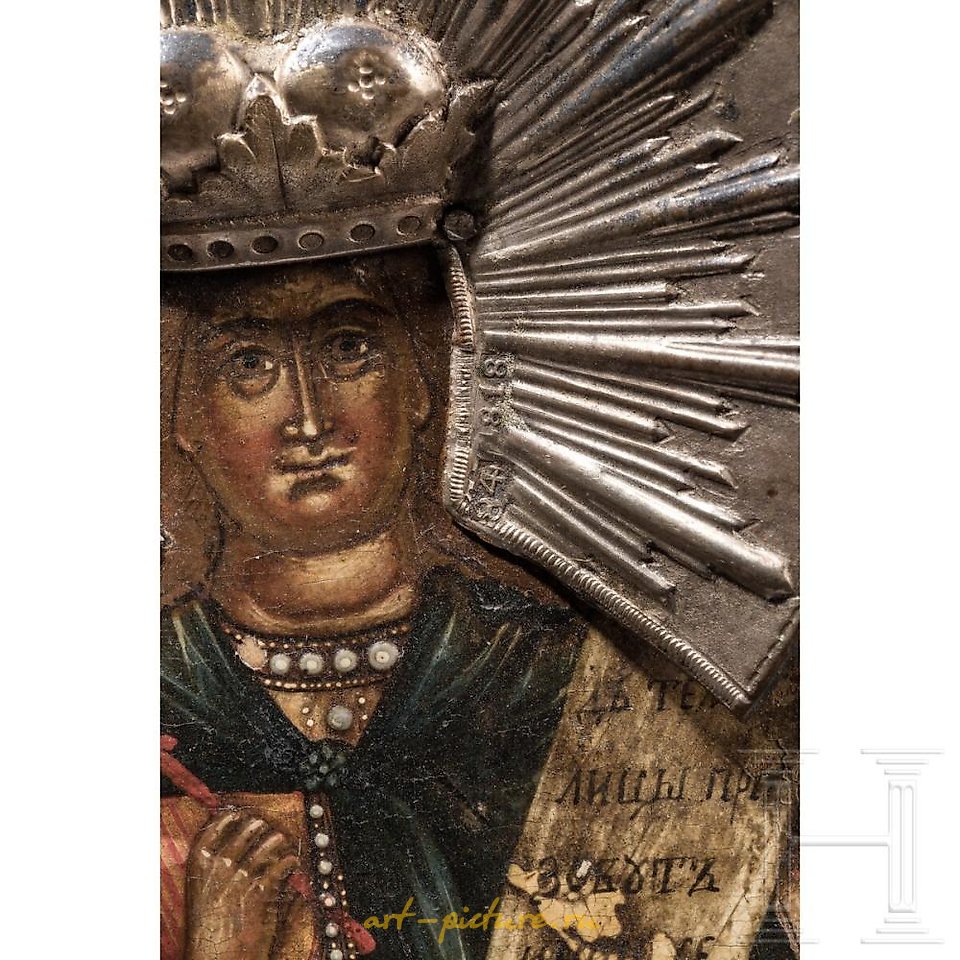 俄罗斯银 , 俄罗斯的一幅有三位圣殉道者和银色香膏的圣像。