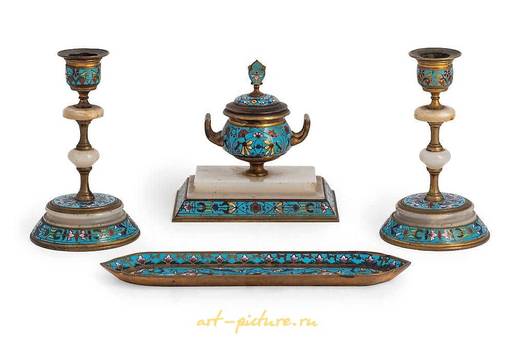 Русское серебро , Набор для письменного стола из металла, эмали, алебастра и перламутра...
