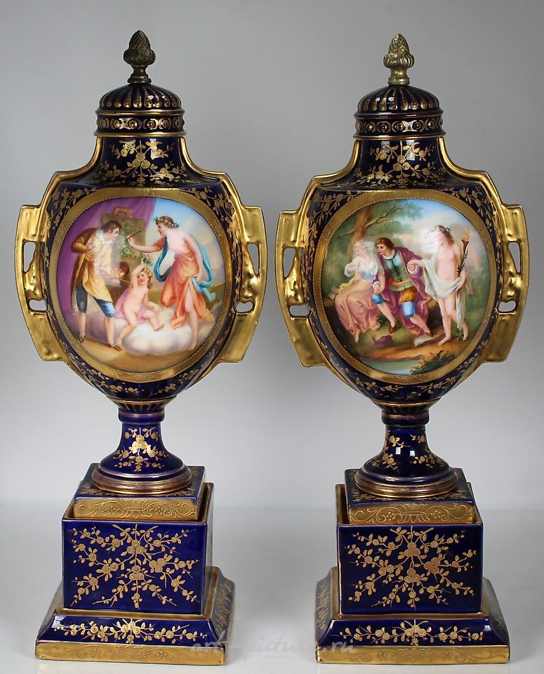 Royal Vienna Porcelain , (2) Exceptional Royal Vienna Hand Painted Urns