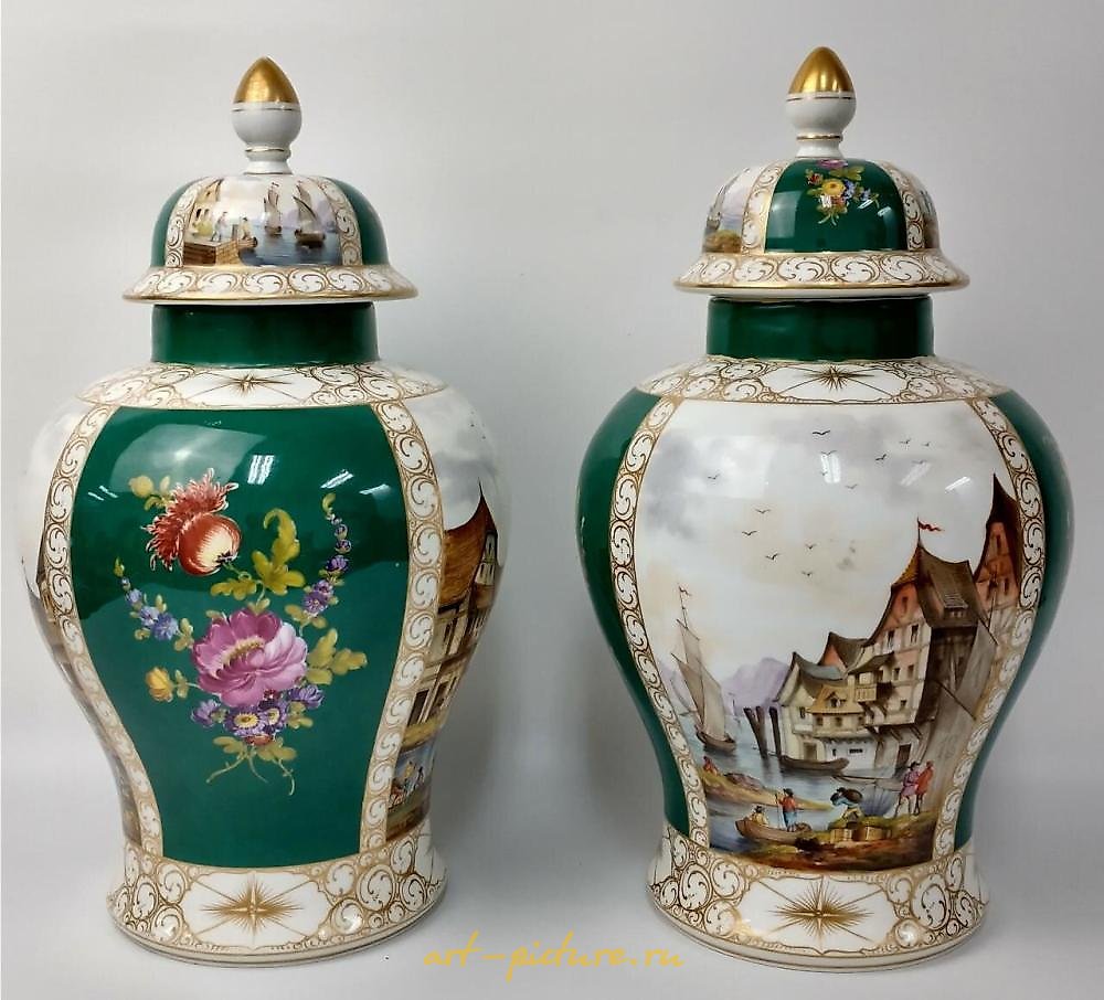 Royal Vienna Porcelain , Pair of 19thC Royal Vienna Porcelain Covered Jars.