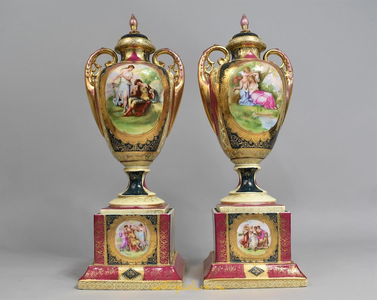 Royal Vienna Porcelain , A Large Pair of Royal Vienna Two Handled Vases on Square Ste...