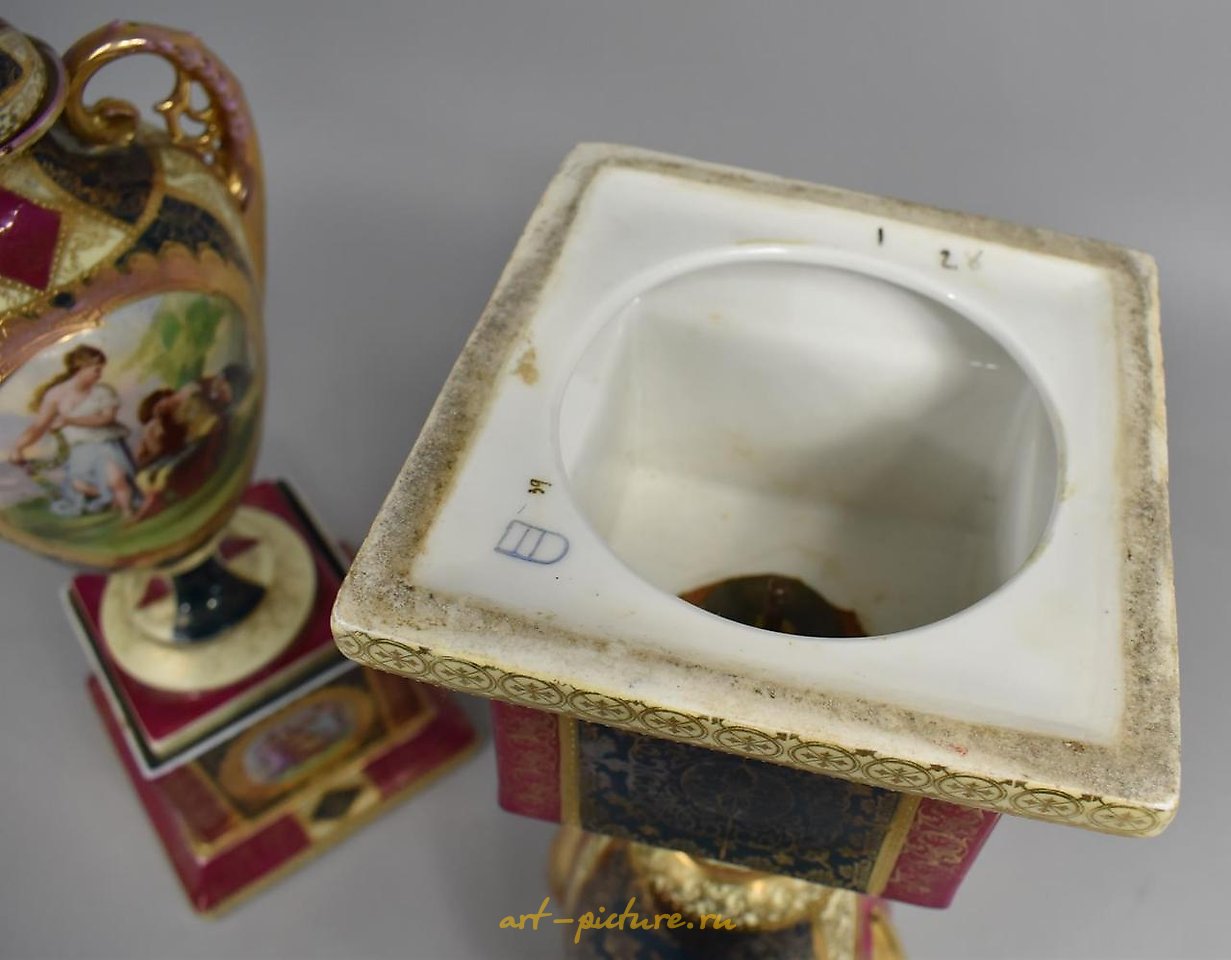 Royal Vienna Porcelain , A Large Pair of Royal Vienna Two Handled Vases on Square Ste...