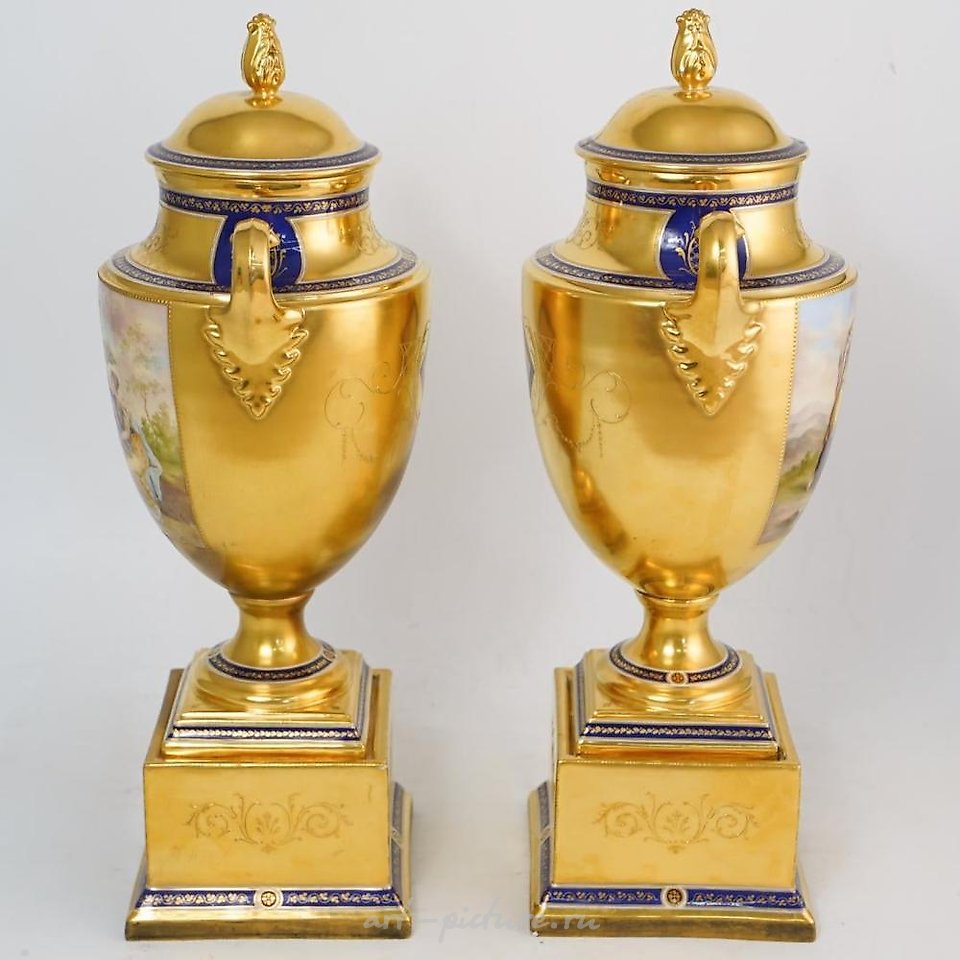 Royal Vienna Porcelain , Pair of Large 19th C. Royal Vienna Porcelain Urns