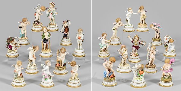 Collection of 24 Meissen Amorette figures by Heinrich.