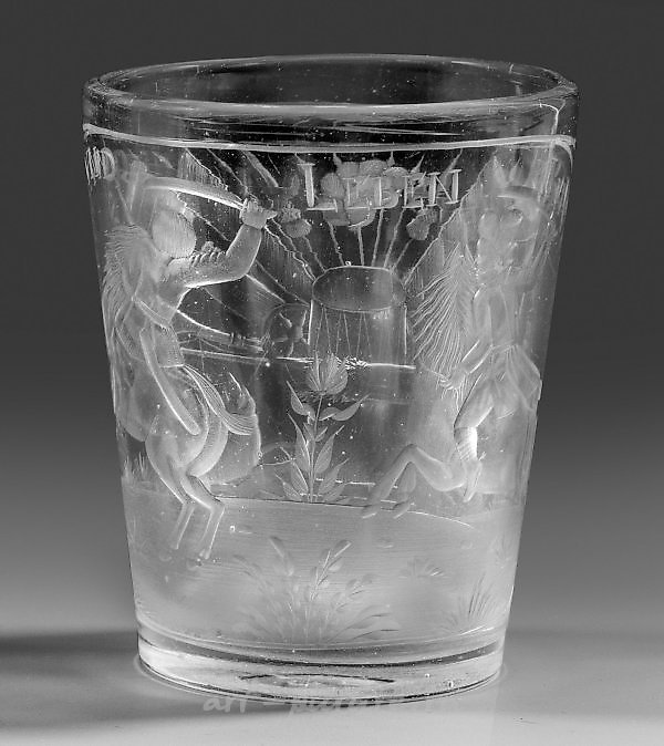 Стеклянный стакан с богемской гравировкой, изображающий кавалерийскую стычку во время османских (турецких) войн