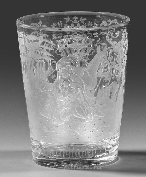 Стеклянный стакан с гравировкой "Гигантские горы Северной Чехии или Силезии", изображающий притчу о добром самаритянине