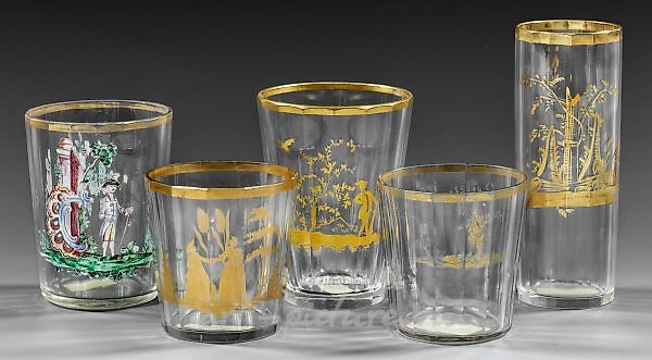 Коллекция из пяти богемских резных стеклянных бокалов с эмалевым и золоченым декором