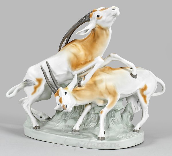 Art Nouveau - Figure Group "Fighting Sable Antelopes"