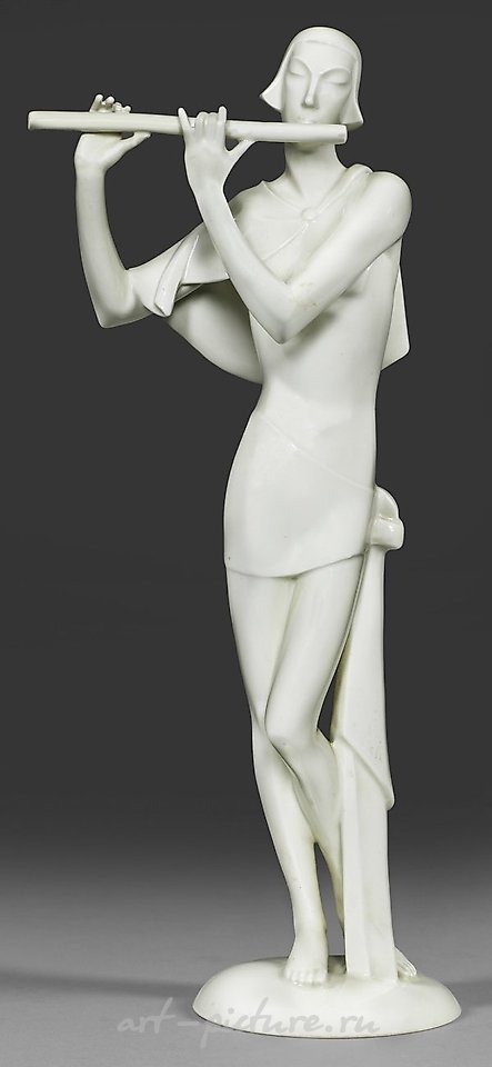 Art Deco Figure "Flute Player"

This exquisite Art Deco figurine, entitled "Flute Player," captivates the viewer with its elegant and refined aesthetic. Crafted with meticulous attention to detail, this sculpture showcases the harmonious fusion of fo
