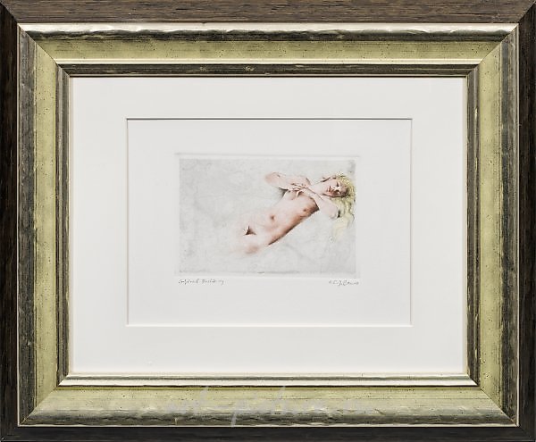 Лежащая женская нагая фигура, цветная гравюра на пергаменте