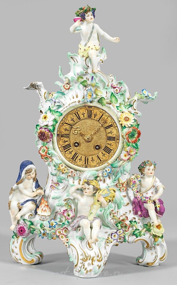 "Exquisite porcelain clock adorned with allegories of"