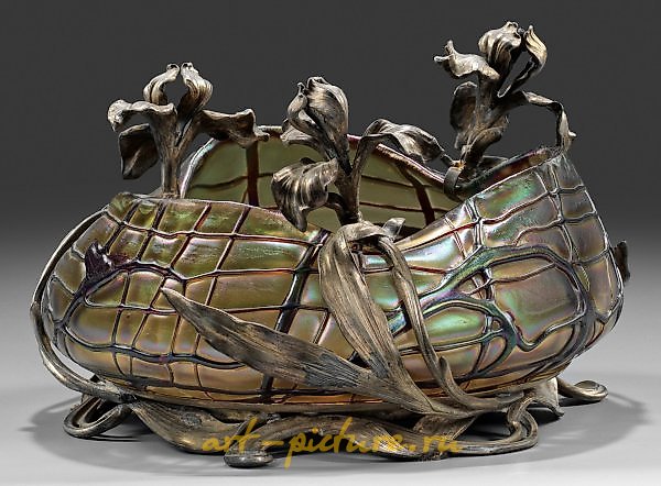 Art Nouveau Glass Bowl with Sword Lily Metal Mounting