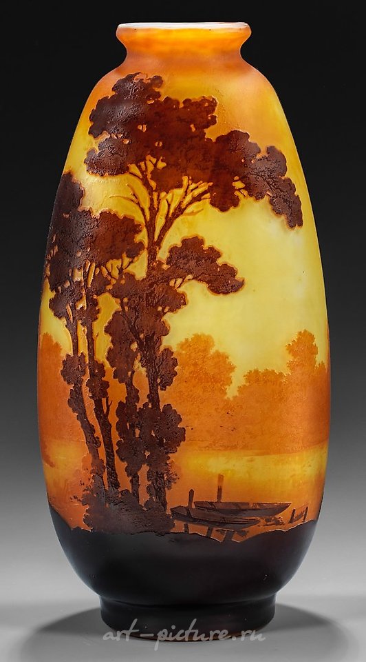 Large decorative vase with lake or river landscape by Gallé.