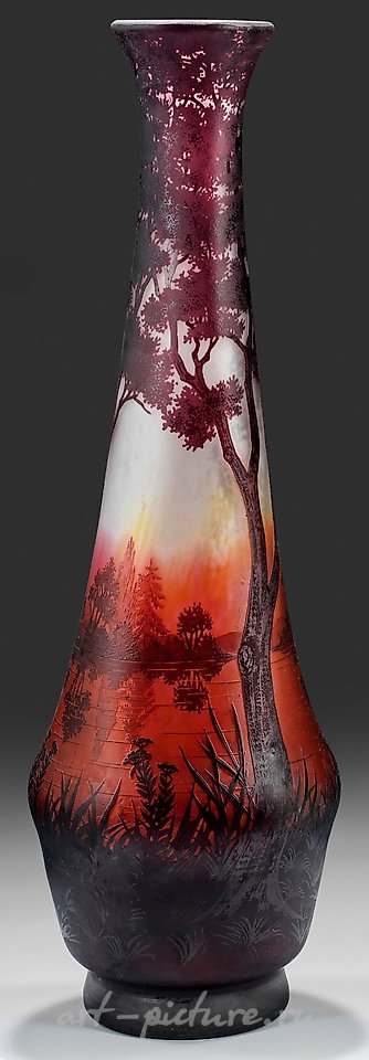 Monumental decorative vase with evening, lake, or riverside landscape.