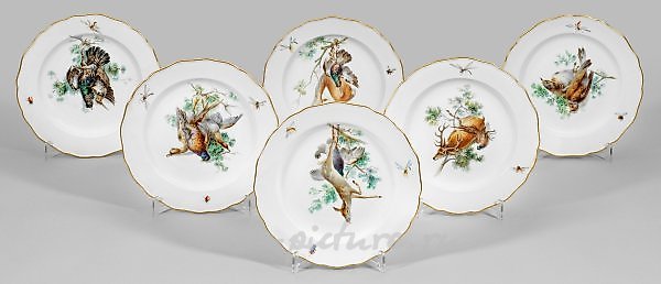 Обеденные тарелки с охотничьими мотивами: коллекция из 12 штук, Майссен, около 1900 года