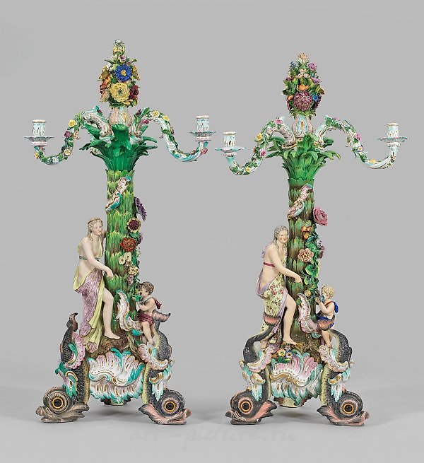 A couple of magnificent figurative Meissen Rococo girandoles.