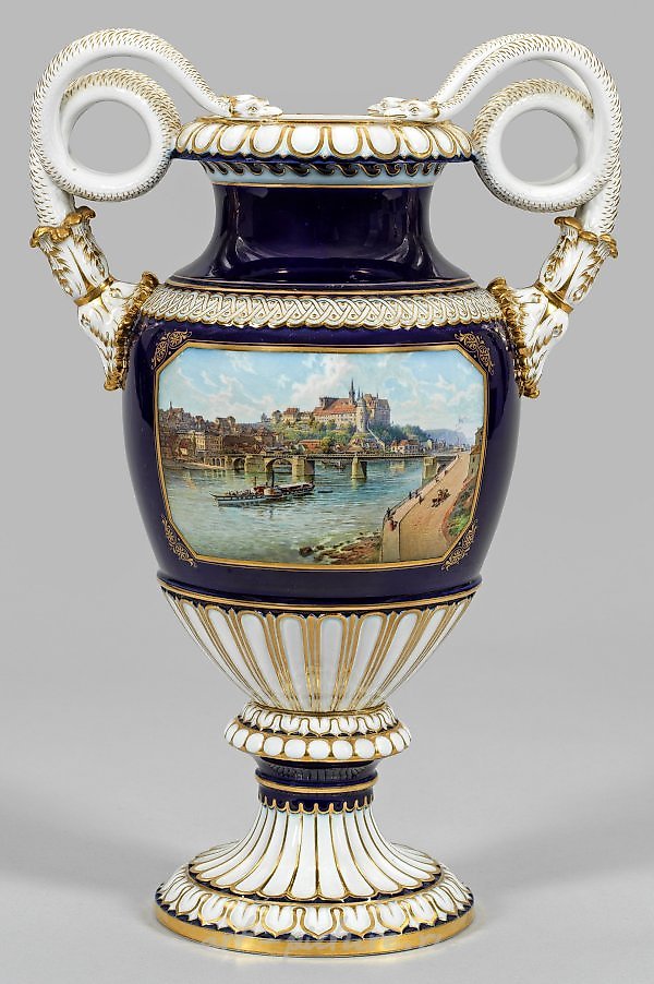 Great Meissen snake handle vase with a view of Meissen.