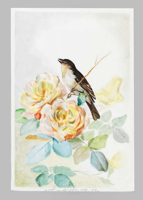 Фарфоровая картина "Птица на ветке пиона" с блестящей живописью