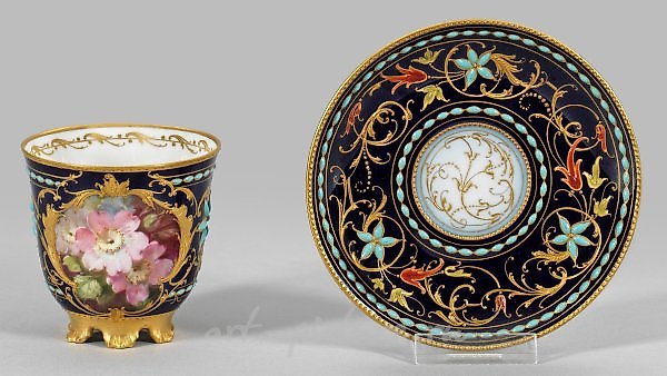 Magnificent mocha cup with jewel decoration and soft painting.