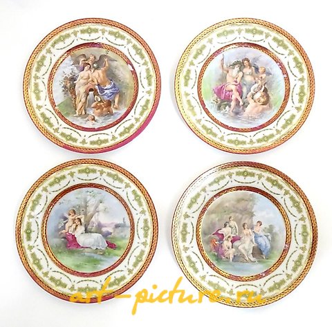 Royal Vienna Porcelain, Four Royal Vienna plates depicting mythological figures to i...