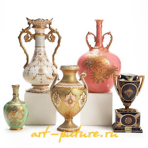Royal Vienna Porcelain, Grp: 5 Enameled Porcelain Vases Royal Vienna Coalport