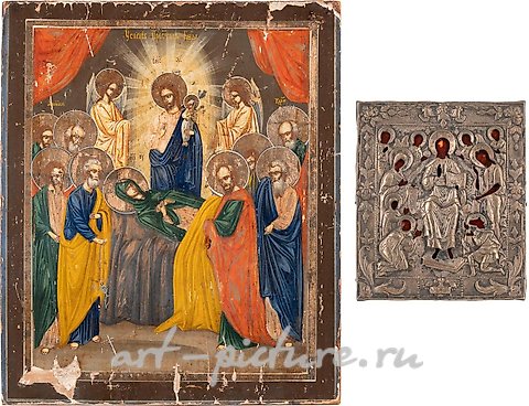 Русское серебро, ДВЕ ИКОНЫ: РАСШИРЕННЫЙ ДЕИСУС С СЕРЕБРЯНЫМ ОКЛАДОМ И УСПЕНИЕ БОЖИЕЙ МАТЕРИ