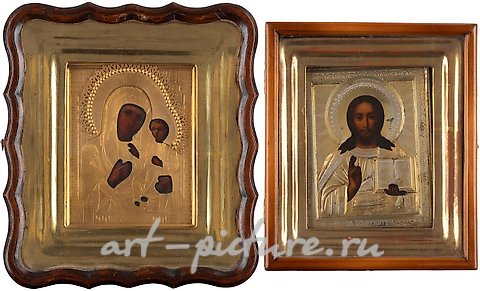 Русское серебро, ДВЕ ИКОНЫ С ОКЛАДОМ В КИОТЕ: ХРИСТОС ПАНТОКРАТОР И ИВЕРСКАЯ БОГОРОДИЦА
