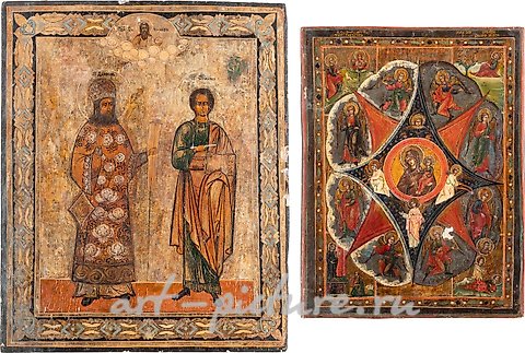 Русское серебро, ДВЕ ИКОНЫ С ИЗОБРАЖЕНИЕМ БОЖИЕЙ МАТЕРИ "НЕОПАЛИМАЯ КУПИНА" И ДВУХ русских СВЯТЫХ