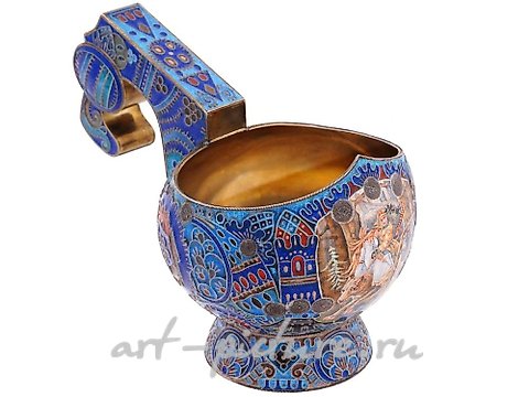 Русское серебро, Русская серебряная ковш с эмалью по клеточкам 84 пробы