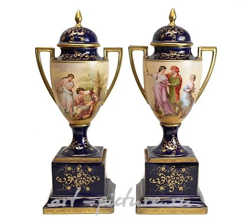 Royal Vienna Porcelain, Royal Vienna Austria Double Handled Urns, c1900. Signed