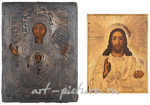 俄罗斯银, 两个描绘有银饰边的基督全能者和圣母的图标。