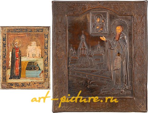 Russian silver, TWO ICONS SHOWING ST. SERGEY AT THE TOMB OF HIS PARENTS WITH